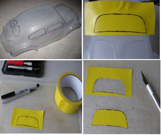 1-Bolha do 110BS com a tinta removida com fluído de freio Dot 4 e palha de aço. Traçado dos vidros e faróis feito com caneta cd Marker.
<br />
<br />2- Fita plastica adesiva (Kalunga) usada para demarcação de solo com o traçado do vidro dianteiro riscado com caneta