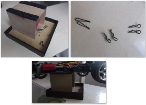 Base para manutenção feito com caixa e uma tampa maior em MDF (furtado da esposa), na perda de um clip, resolvi fazer com prendedor de cabelos (esses foram comprados).